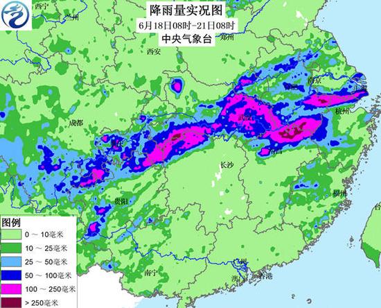 6月18日8时至21日8时降雨量实况图。