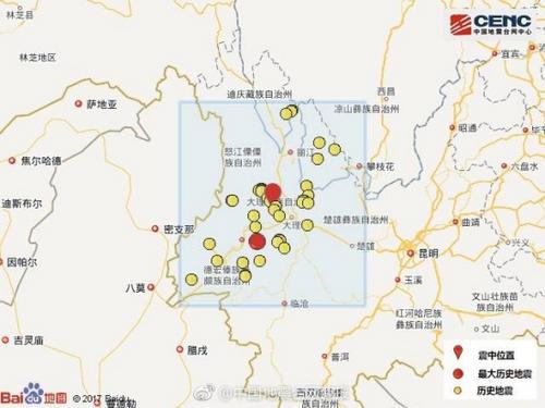 此次震中周边按震级巨细前50次汗青地动散布如图　中国地动台网