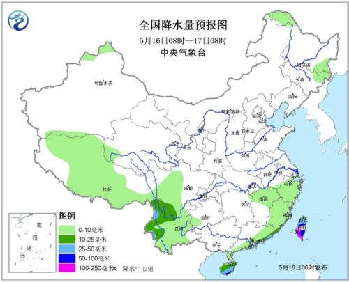 图1天下降水量预告图（16日08时-17日08时）