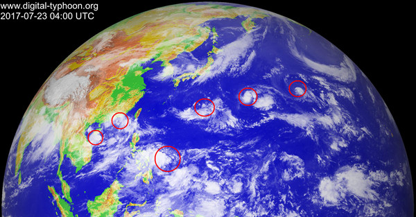 北京时光23日12时，葵花8号卫星观察到的红外云图。